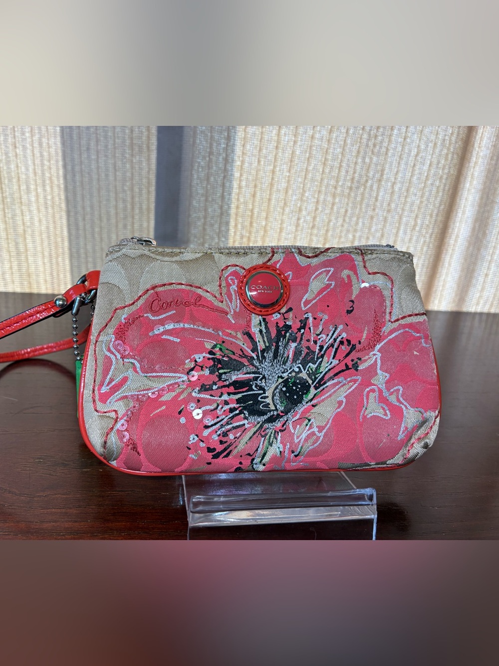 Coach Coral Pink Floral Signature Wristlet